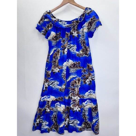 Hilo Hattie Women's Hawaiian Blue Off Shoulder Rayon Dress Size Medium - Picture 2 of 8